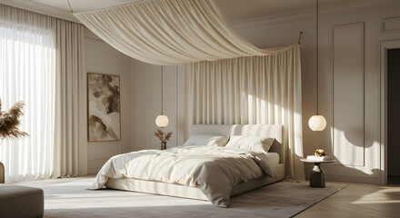 Sophisticated Bedroom With Suspended Canopy And Natural Light Streaming In