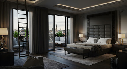 Fototapeta premium Opulent Bedroom Interior With Rooftop Terrace And Cityscape View