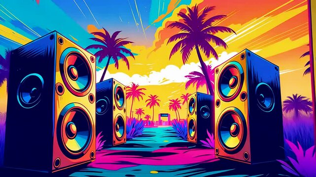 Colorful music party illustration with palm trees and tropical speaker setup