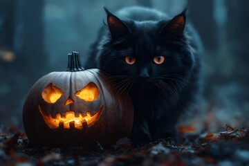 Black cat with glowing eyes beside a carved pumpkin in woods  on a Halloween 