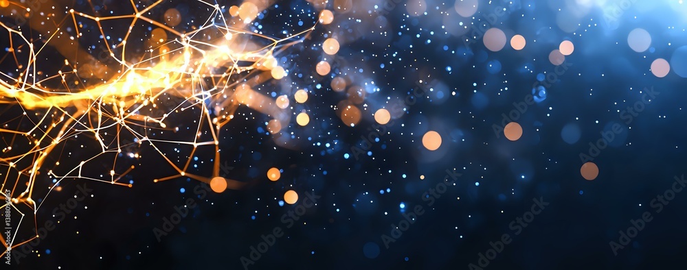 Aufkleber glowing neural network visualization with orange light trails and blue bokeh effects against dark sp