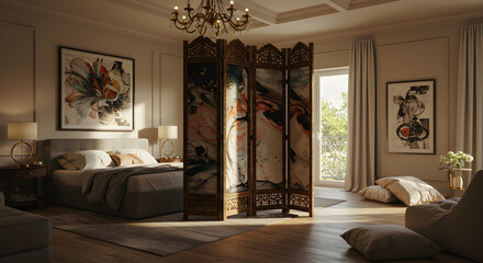 Luxury Bedroom Interior Design Featuring an Ornate Folding Screen