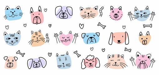 Vector collection of hand-drawn cat and dog faces in doodle style