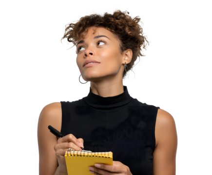 A woman with curly hair looks up thoughtfully, holding a pen and notebook, seemingly in the process of writing down ideas or taking notes.