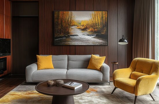 Modern living room with gray sofa, yellow cushions, autumn forest river painting on wall