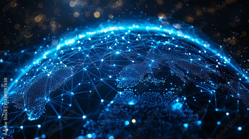 Aufkleber glowing blue network connections on dark globe surface with light effects and particle dots showing 