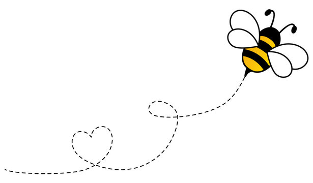 Flying bee dotted route with heart shape. Bumblebee with spotted line path. Vector illustration isolated on white.