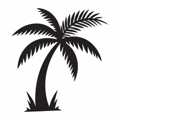 Fototapeta premium Silhouette of a palm tree with a tropical beach landscape, sun, and ocean, perfect for summer vacation vibes