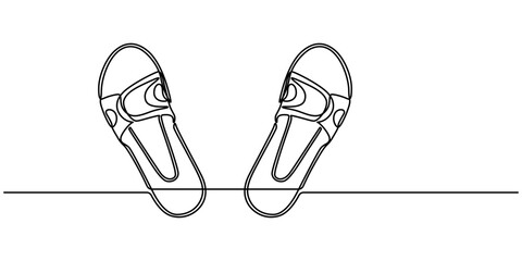 Slide Sandals continuous one line drawing, Women's Water Scout Slide Sandal  Line art, Technical sketch hand drawing outline vector doodle illustration, various view isolated on white background, pro.