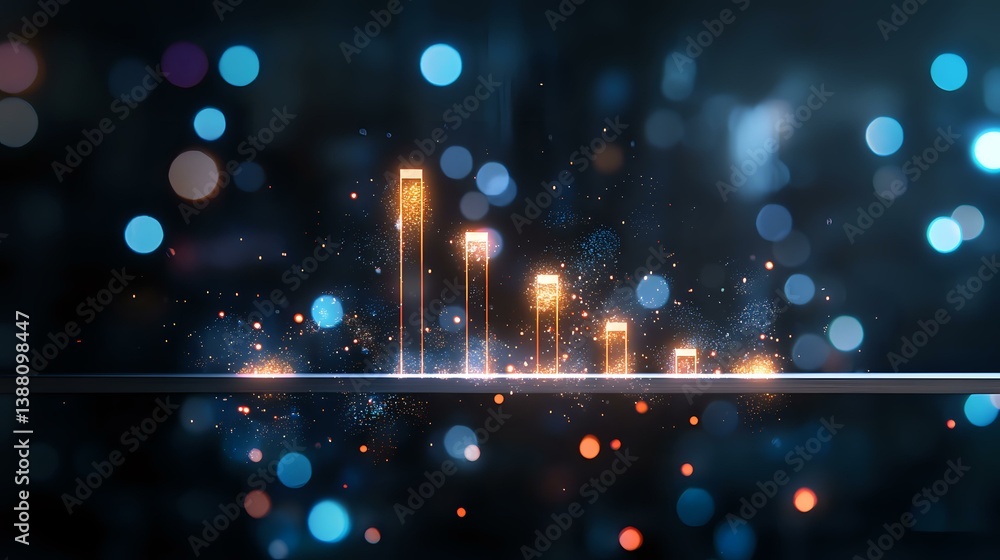 Poster glowing orange bar graph visualization on dark background with blue bokeh lights and particles creat