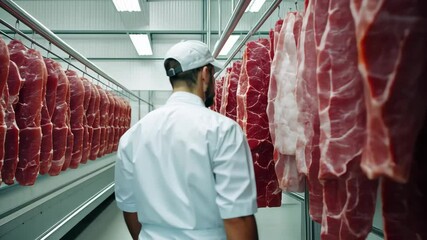 Young caucasian man inspecting hanging meat slabs in a storage facility with focused attention on quality control and safety - Powered by Adobe