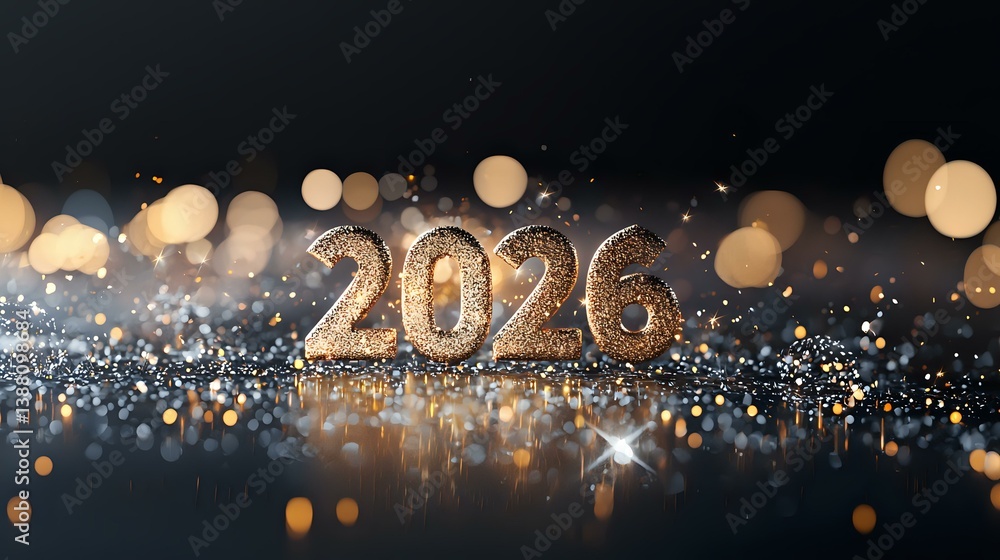 Aufkleber golden metallic numbers 2026 on dark background with glitter and bokeh lights creating festive new y