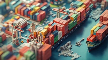 Obraz premium Shipping containers loaded on cargo ship port city digital art urban environment aerial view logistics management
