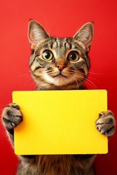 &ETH;&iexcl;ute adult cat pixiebob hold in front paws a wireframe - large yellow lane sign. Isolated cat on a solid outfit red background. Cat on banner. Pet mockup with message. Ad photo with creature.
