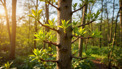 Obraz premium Sturdy tree with bright green buds in forest during golden hour, nature's renewal