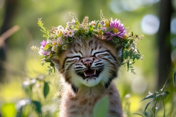 Sunny daylight. Summer happiness. Cute baby animal bobcat wearing fierce flower wreath on its head. Wild creature and floral serenity. Peaceful wild animal at rest. Soft elegance in the wild.