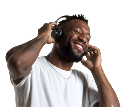 Man enjoys music with headphones. Eyes closed, white shirt, and chain. Expression conveys joy and immersion in sound.