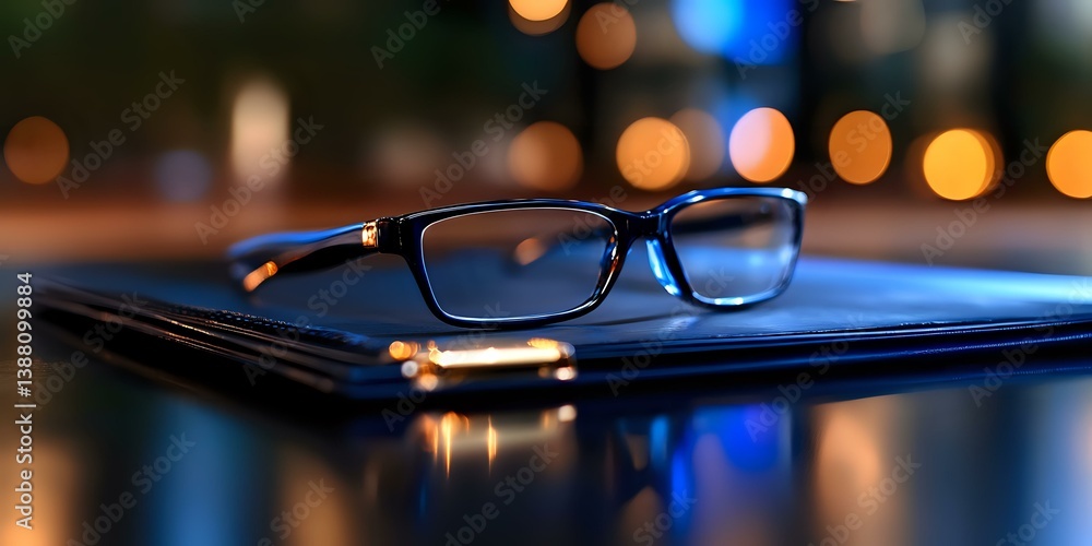 Aufkleber reading glasses resting on leather wallet with blurred city lights bokeh in background creating atmo