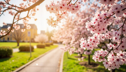 Naklejka premium Cascading cherry blossoms illuminated by sunlight along garden pathway, beauty of nature