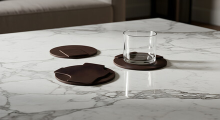 Elegant Leather Coasters on Marble Coffee Table with Glass, Modern Minimalist