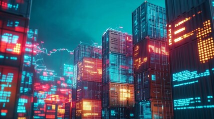Futuristic digital containers in motion urban cityscape 3d visualization neon environment aerial view technology concept