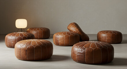 Obraz premium Elegant Leather Poufs Arranged in a Minimalist Interior Setting