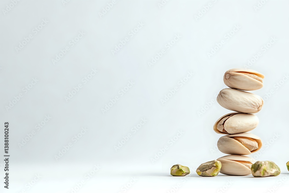 Poster stack of roasted salted pistachios balanced on white background, with scattered open shells and kern