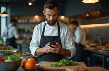 Chef in restaurant kitchen checks smartphone. Man in uniform uses mobile phone to take notes, call or search recipe. Technology in cafe, restaurant business. Food industry, cooking.