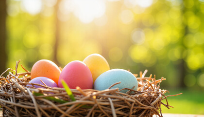 Obraz premium Colorful Easter eggs resting in a soft nest, spring celebration