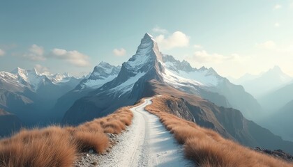 Road leading to mountain peak, business planning, strategic roadmap. Concept of overcoming challenges achieving goals in journey. Success concept, path to success, business strategy, achieving goals,