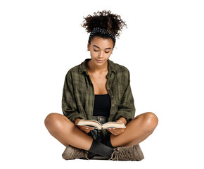 A girl is seated, legs crossed, intently reading a book. She is wearing a casual outfit. The background is plain black.