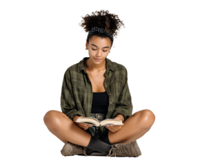 A girl is seated, legs crossed, intently reading a book. She is wearing a casual outfit. The background is plain black.