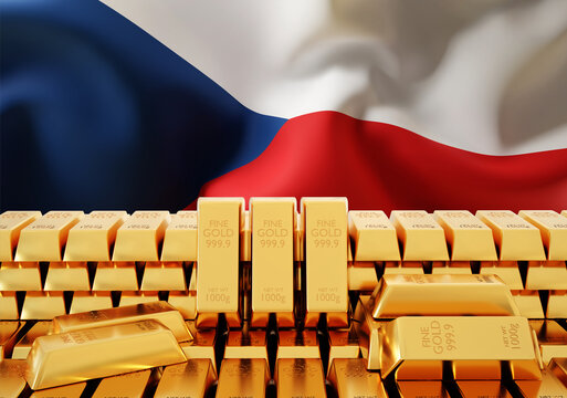 Golden bullions with Czech Republic flag. Gold reserve concept