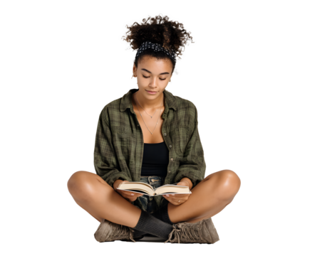 A girl is seated, legs crossed, intently reading a book. She is wearing a casual outfit. The background is plain black.