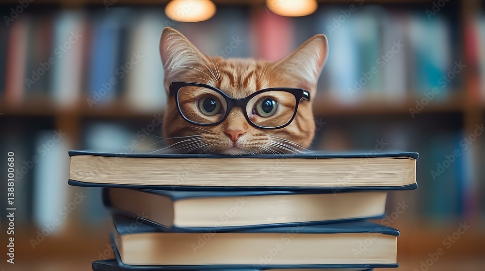 Poster ginger cat wearing glasses peeks over stack of books in library setting with soft bokeh lighting, cr