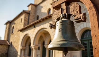 Obraz premium Historical Easter church bell glistening in morning light, traditional symbolism