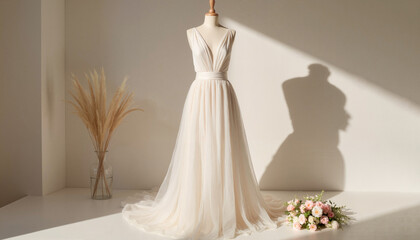 Elegant wedding dress displayed in chic showroom, bridal inspiration