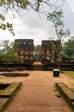 The ruins of the Royal Palace of King Parakramabahu in the Ancient City of Polonnaruwa, Sri Lanka, showcasing ancient architecture.