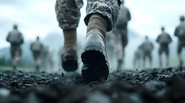 Military boots walking on muddy ground with soldiers in formation ahead, low angle dramatic perspective captures training or combat patrol atmosphere in foggy conditions.