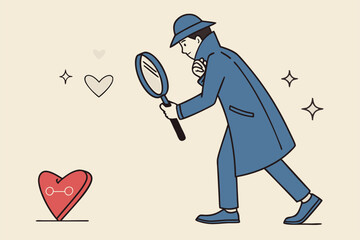 Find your passion, discover, search for happy career, job or purpose, motivation or inspiration to success, happiness or opportunity concept, detective look magnifying glass with heart shape passion.