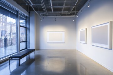Modern Minimalist Gallery Space Exhibiting Empty, Neutral-Colored Canvas Works