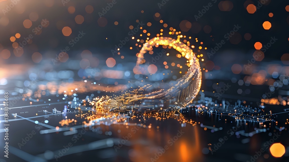 Poster magical glowing wave of light particles with orange and blue bokeh effects on dark background create