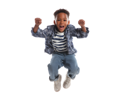 Excited boy leaps with joy in a mid-air pose. The child wears casual clothes and sneakers, looking joyful and carefree on a black backdrop.