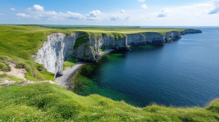 Picturesque coastal landscape with verdant hills, dramatic cliffs, and a tranquil sea