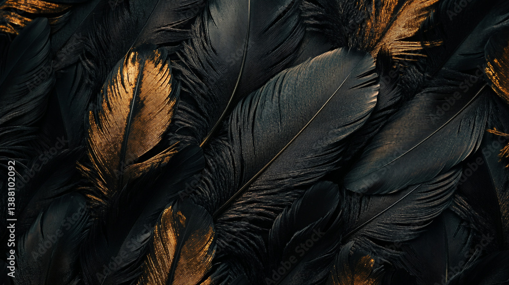 Aufkleber a close up of black and gold feathers creating a textured background with soft lighting effects