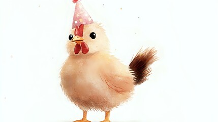 Adorable white chicken wearing pink party hat, soft watercolor style artwork on isolated background for greeting cards and festive designs.