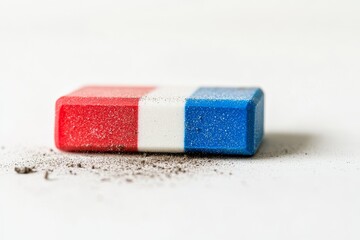 Red, White, and Blue Eraser,  A Symbol of Erasing Mistakes,  Lying on a White Surface,  Scattered Dust and Debris,  Ready to Erase Errors.