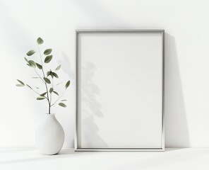 Modern Minimalist Empty Frame Displaying a Simple Elegance on a Pristine White Surface with Subtle Accents of Nature