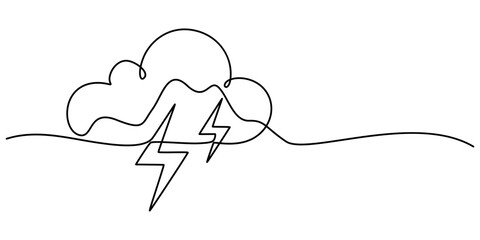 Continuous one line drawing of thundercloud and lightning symbol. Vector illustration, Concept of sadness in inclement weather, depression, stress, Single line vector illustration element. Anxiety pro