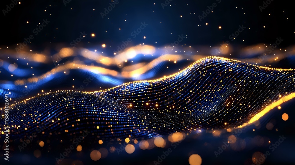 Poster glowing digital wave with golden and blue particles flowing in dark space, abstract network visualiz